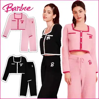 2Pcs Miniso Barbie Pižamo bo Ustrezala Risanka Ženska Moda Toplega Doma Oblačila Pozimi Priložnostne Plišastih Dolge Rokave Dekle Božično Darilo