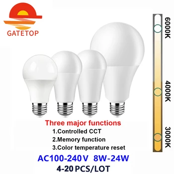 4-20PCS AC110V/AC220V Smart 3-barvni zatemnjevanja žarnice z pomnilnik E27 B22 LED Žarnica Svetlobo svetilke Resnična Moč 8W-24W Ne stroboskopske luči