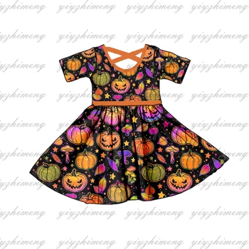 Baby dekleta oblačenja Halloween buče vzorec kratek rokav nad kolena nazaj navzkrižno design otroška obleka Deklice obleko
