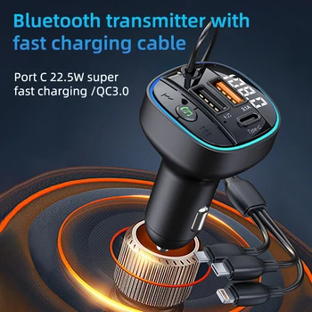 Bluetooth 5.0 FM Bluetooth Avto Adapter 3 Vrata Za 22,5 W Hitro Polnjenje&QC 3.0 FM Bluetooth Avto Oddajnik Z 3 v 1 Polnjenje Kabel