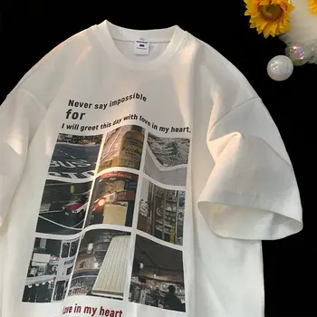 Bombaž težji t-shirt za moške poletne novi Ameriški retro slogu tiskanja kratka sleeved svoboden priložnostne pet četrtletju rokav vrhovi majica
