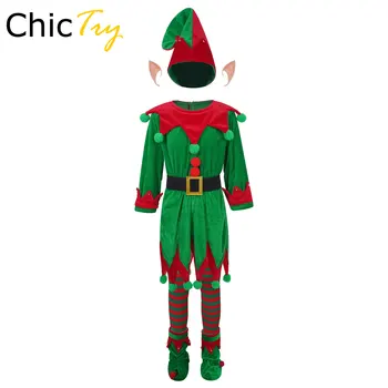 Božič Elf Fant Dekle Kostume, Dolg Rokav Obleka Pasu Klobuk Čevlji Prugasta Nogavice Stranka, Cosplay Božič, Novo Leto Halloween Party