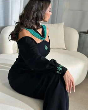Flora Obleko Črne morska deklica Prom Obleke, Dolge Rokave Kroglice Off Ramenski Povodcem Elegantne Večerne Obleke Dubaj vestidos de gala