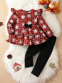 Jeseni dekliške obleke, otrok snežinka natisnjeni pulover in hlače, dvodelne moda bombaž božič otroški kostumi