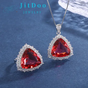 JitDoo Retro Baročno Polno Cirkon Simulirani Ruby Trikotnik Obesek, Prstan za Ženske Romantični Biser Čar svate Nakit
