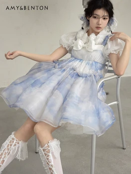 Kawaii Lolita Obleko za Ženske Sladko Srčkan Bowknot Slim Mini Obleka Ženske Poročne Obleke Gothic Seksi brez Rokavov Žogo Obleke Oblačenja