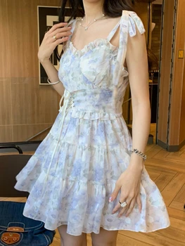 Poletje Sashes Cvetlični Pravljice Mini Obleka Ženske Ruffle Flounce Puhasto Sladko Trak Obleko Ženski Korejski Moda Princesa Obleke 2022