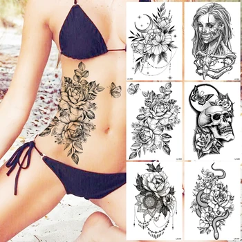 Realno Peony Cvet Začasne Tetovaže Za Ženske Lobanje Rose Florals Kača Obesek Ponaredek Tattoo Nalepke Pasu Stegno Tatoos