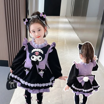 Sanrio Kawaii Kuromi Anime Jeseni, Pozimi Otrok Fleecing Obleke Cute Sweet Risanka Debel Toplo Princesa Obleko Darila za Dekleta