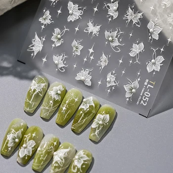 Zelena Modra Bela Metulja Cvetje Pearl 3D Samolepilni Nail Art Okraski Nalepke Chic Elegantno Manikuro Nalepke na Debelo