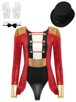 Ženska Cirkus Ringmaster Kostum Halloween Carnival Temo Stranki Cosplay Uspešnosti Obleko Z Dolgimi Rokavi Bonitete Bleščica Bodysuit