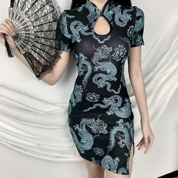 Ženska Seksi Kitajski Zmaj Obleko Cheongsam Obleko Votlih Lady Qipao Mini Tradicionalna Oblačila Stranka Gospe Kratek Bodycon Cheongsam