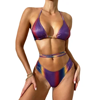 Ženske Priložnostne Šport Seksi Nazaj S Postopno Spreminjanje Barve Odporne Čipke Kopalke Visoko kakovostni Bikini Tri Delni Set