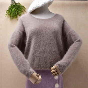 ženske ženske modni kosmat plišastih mink kašmir pletene dolgo batwing rokavi ohlapen pulover angora zajec krzno skakalec pulover pull